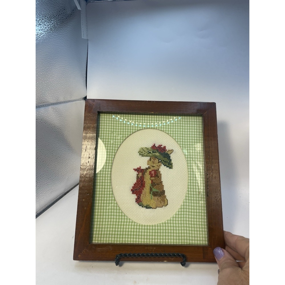 Beautiful Crossstitch Bunny In Walnut Frame Handmade Wall Hanging